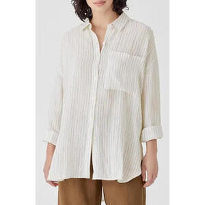Eileen Fisher 100%‎ Linen Striped Button Front Long Shirt Tunic Top Sz 2X NWT